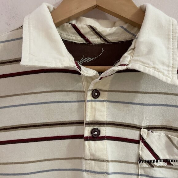 VTG Y2K Fox Polo Shirt Men's Large Beige Cotton Stripe Distressed Pinkerton - Picture 3 of 10